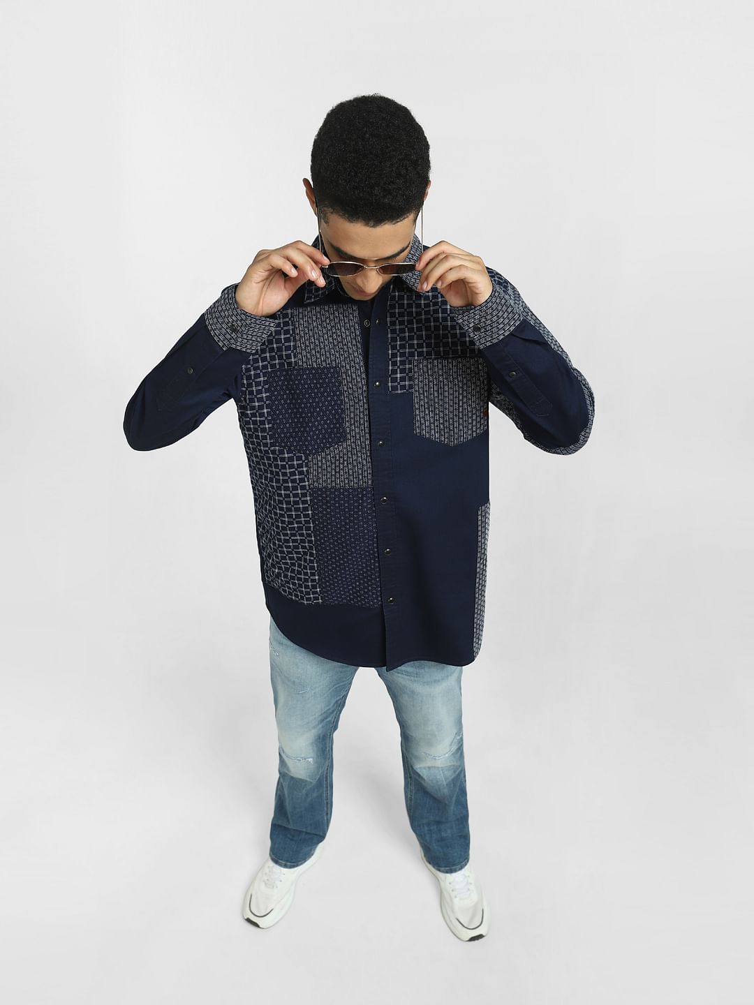 Blue Cut & Dew Patchwork Denim Shirt - S