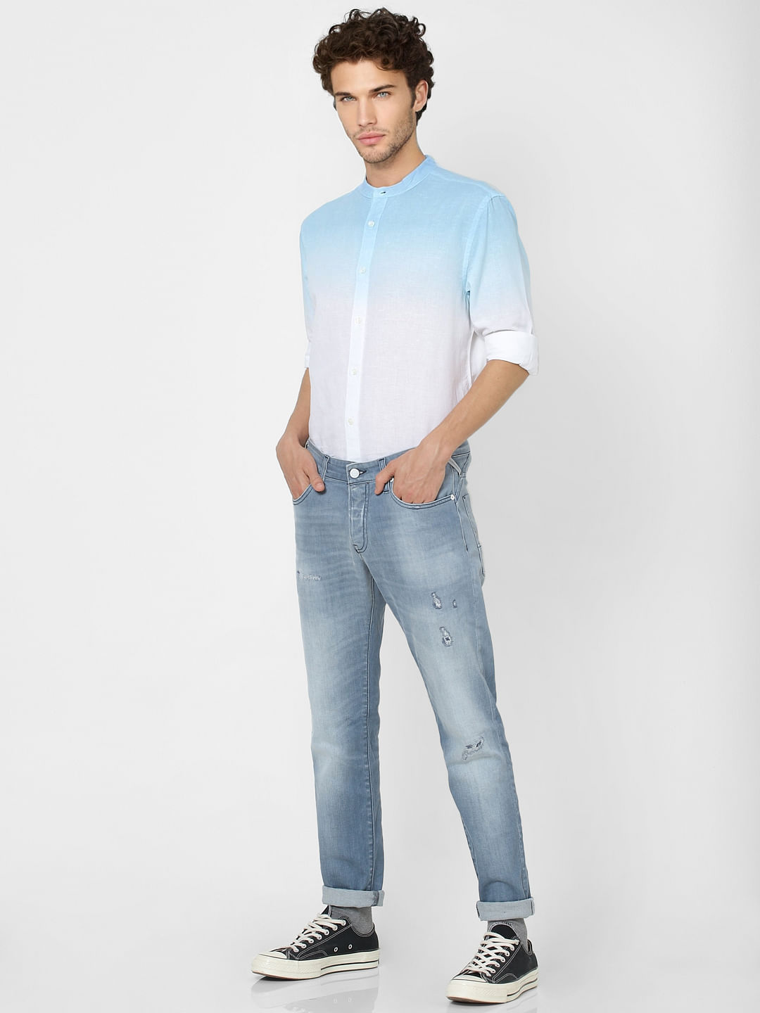 Blue Low Rise Glenn Distressed Slim Fit Jeans
