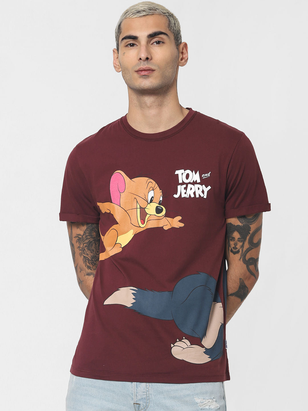 X Tom & Jerry Maroon Printed Crew Neck T-shirt