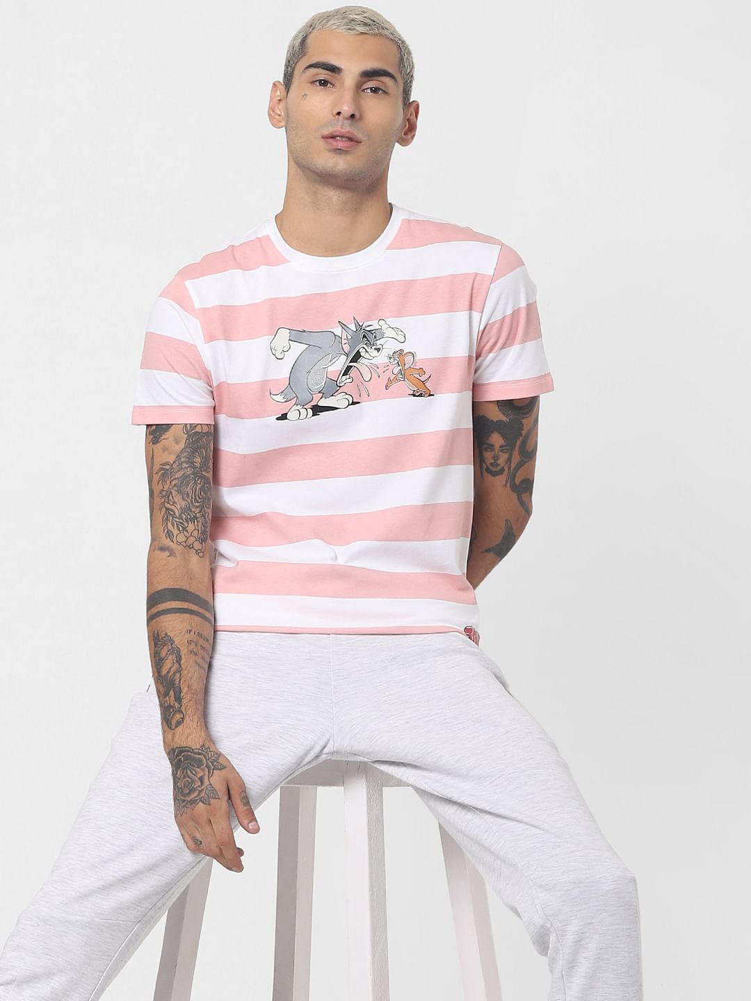 X Tom & Jerry Pink Striped Crew Neck T-shirt - S