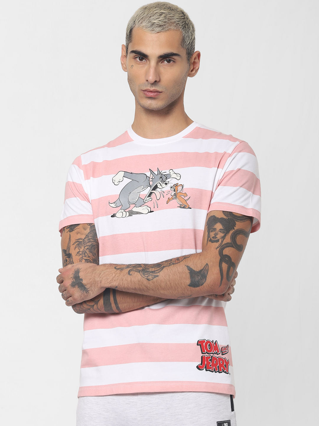 X Tom & Jerry Pink Striped Crew Neck T-shirt