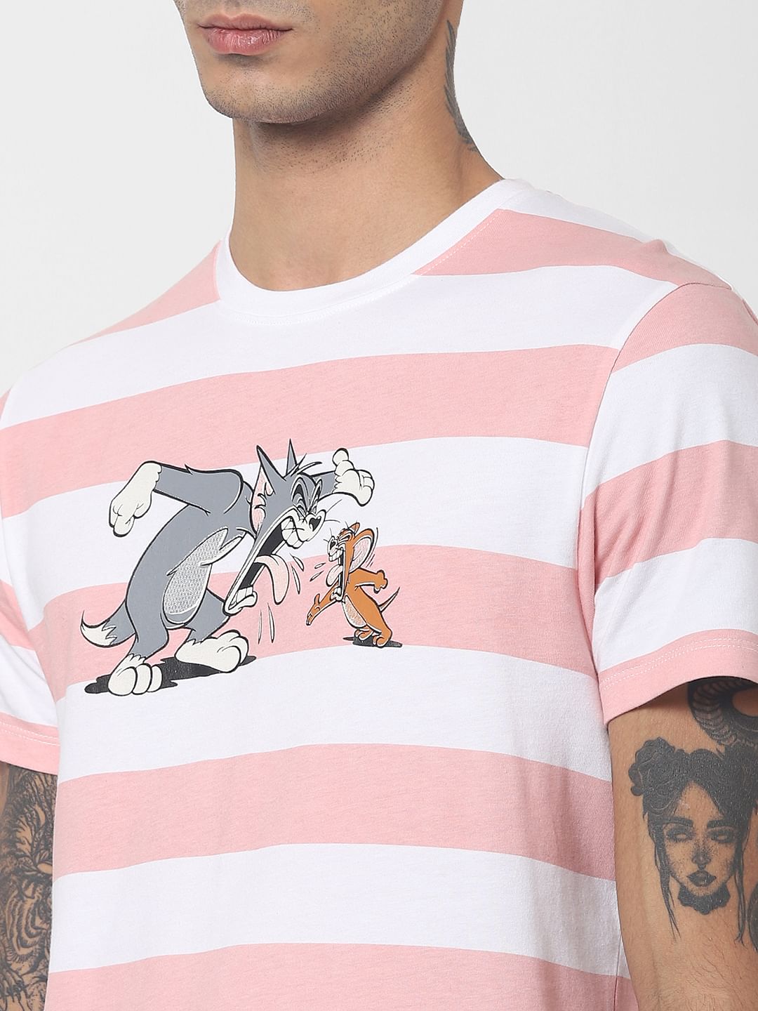 X Tom & Jerry Pink Striped Crew Neck T-shirt