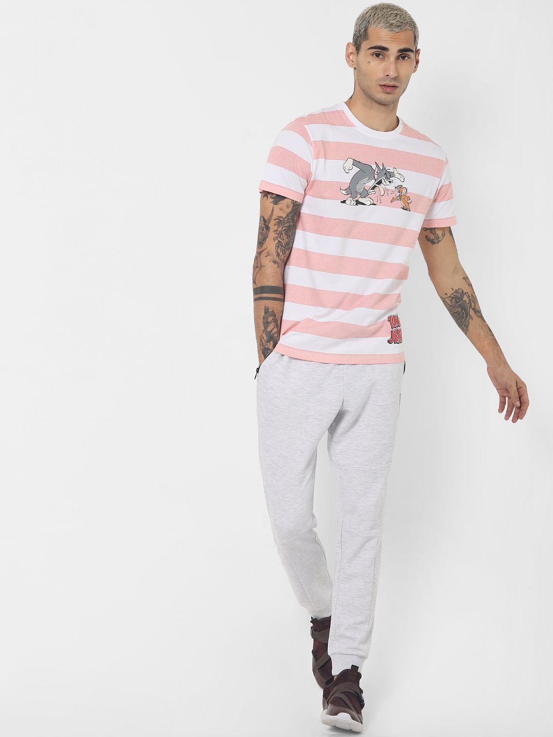 X Tom & Jerry Pink Striped Crew Neck T-shirt