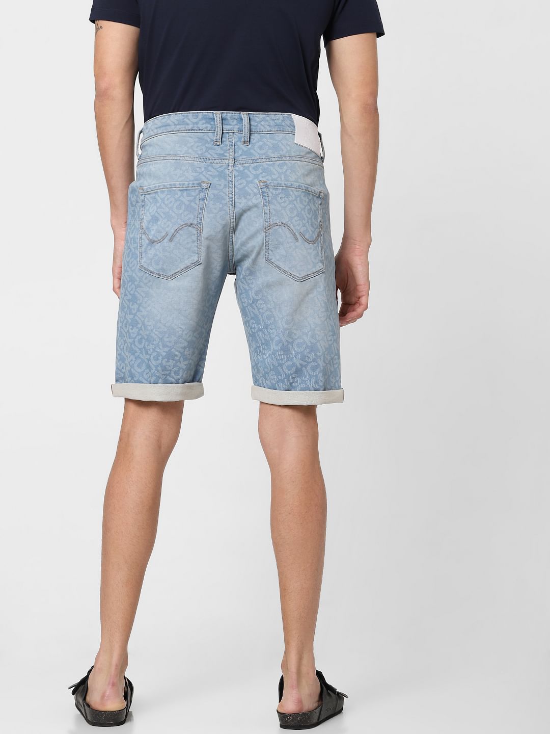 Blue Low Rise Printed Denim Shorts