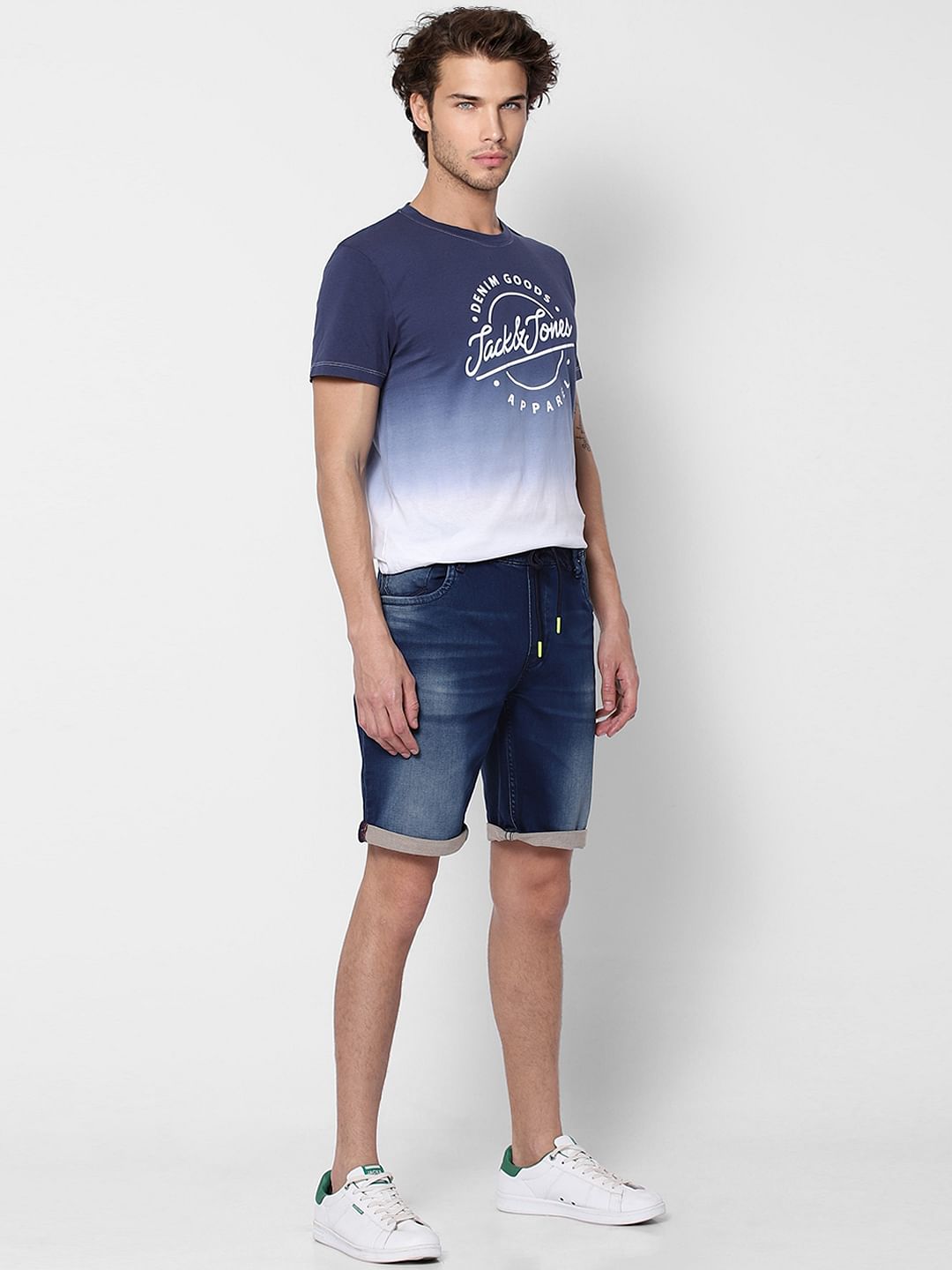Dark Blue Washed Mid Rise Denim Shorts - S
