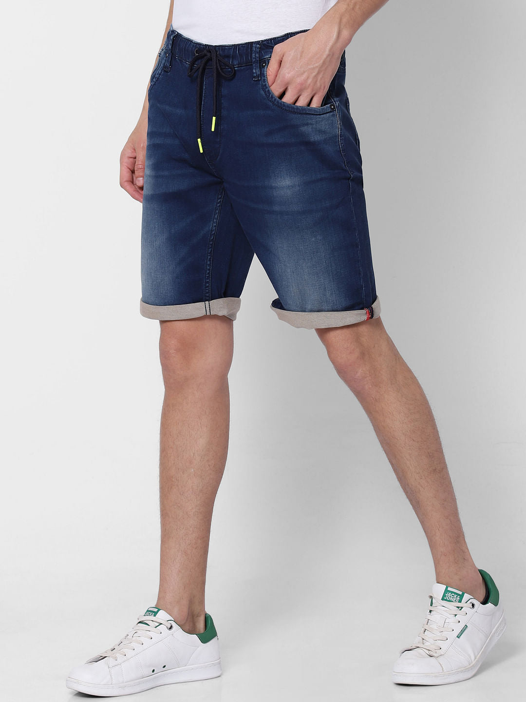 Dark Blue Washed Mid Rise Denim Shorts