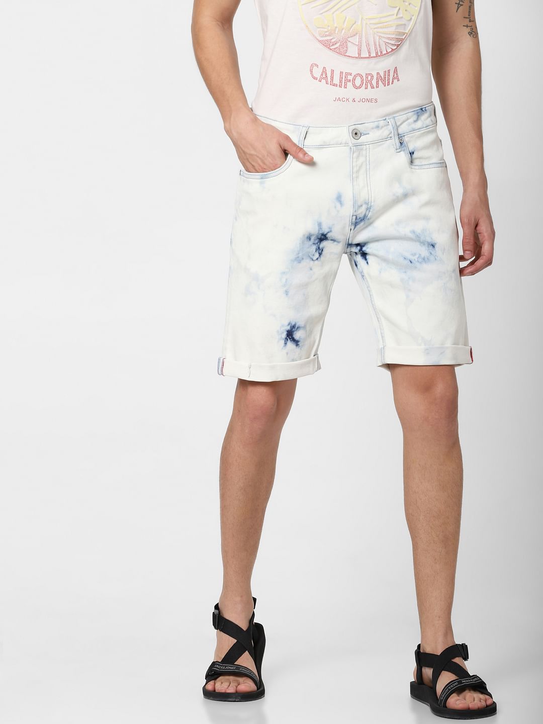 Blue Low Rise Acid Washed Denim Shorts