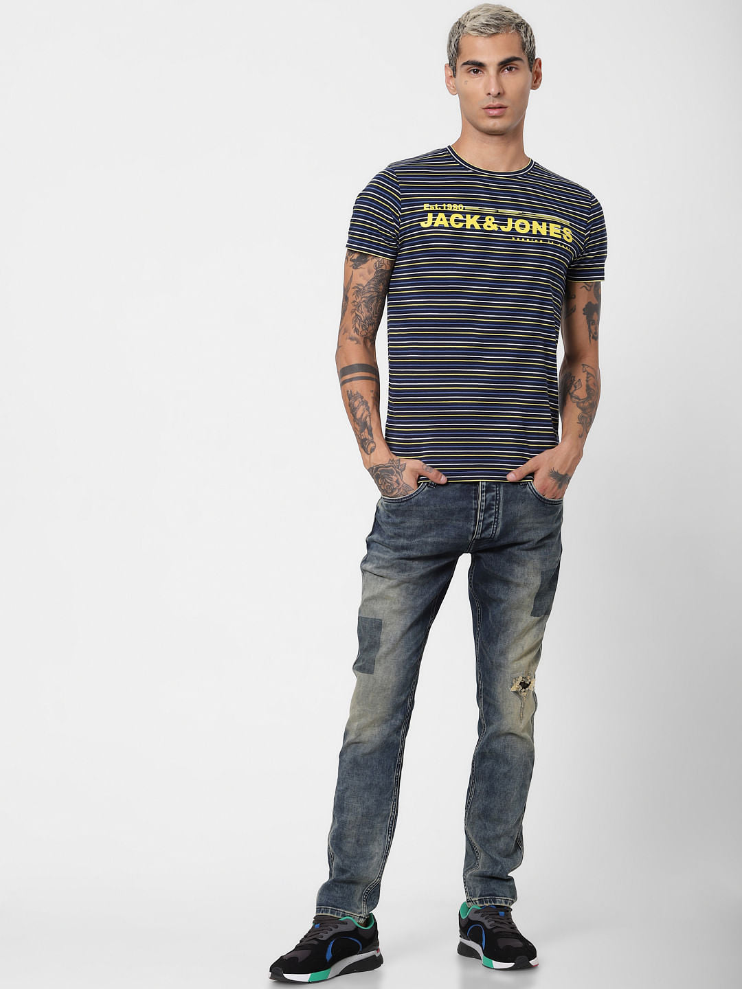 Blue Low Rise Distressed Glenn Slim Jeans