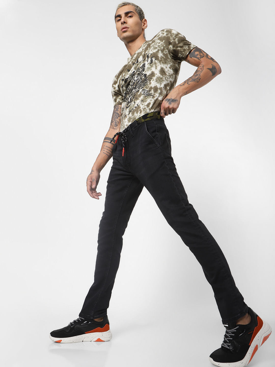 Black Low Rise Camo Detail Ben Skinny Jeans - 28/30
