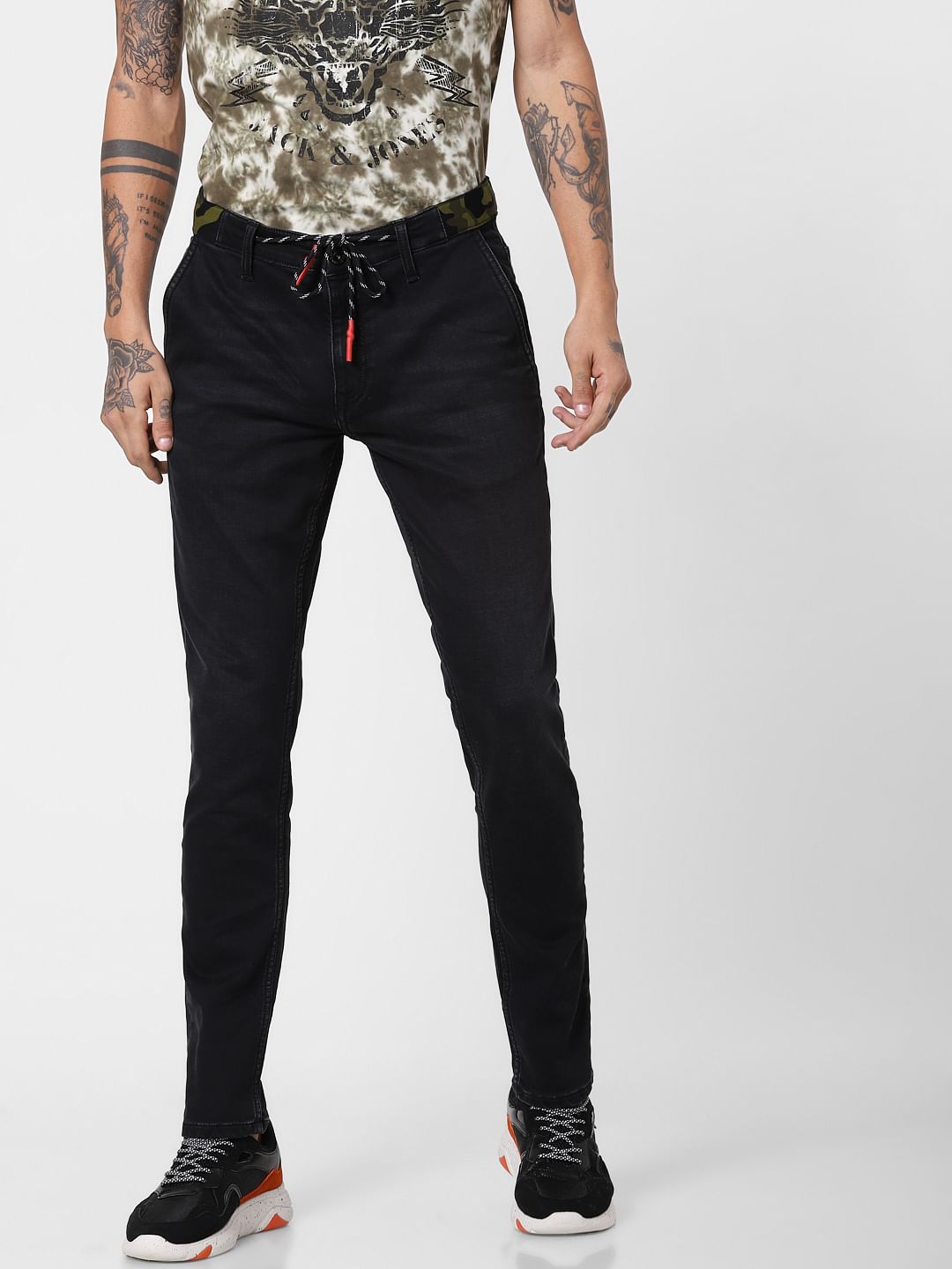 Black Low Rise Camo Detail Ben Skinny Jeans