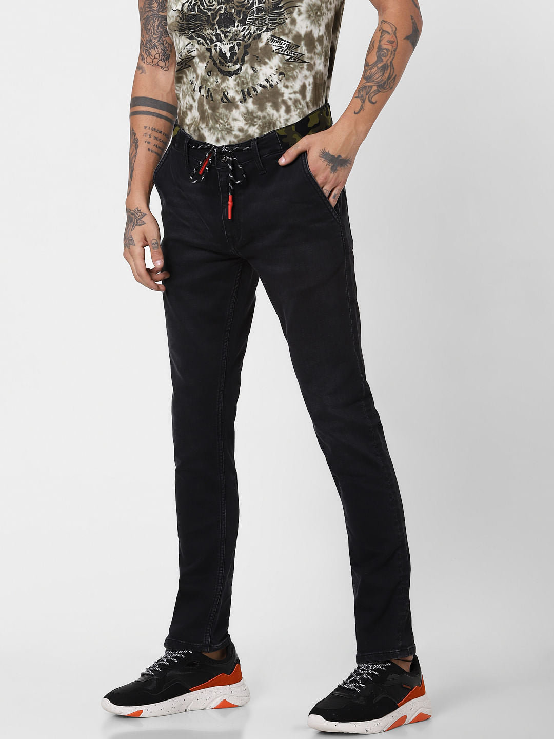 Black Low Rise Camo Detail Ben Skinny Jeans