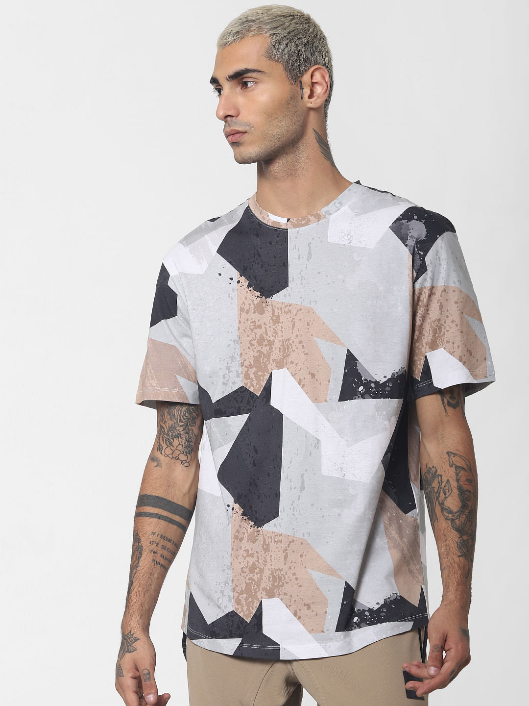 White Geometric Print Crew Neck T-shirt