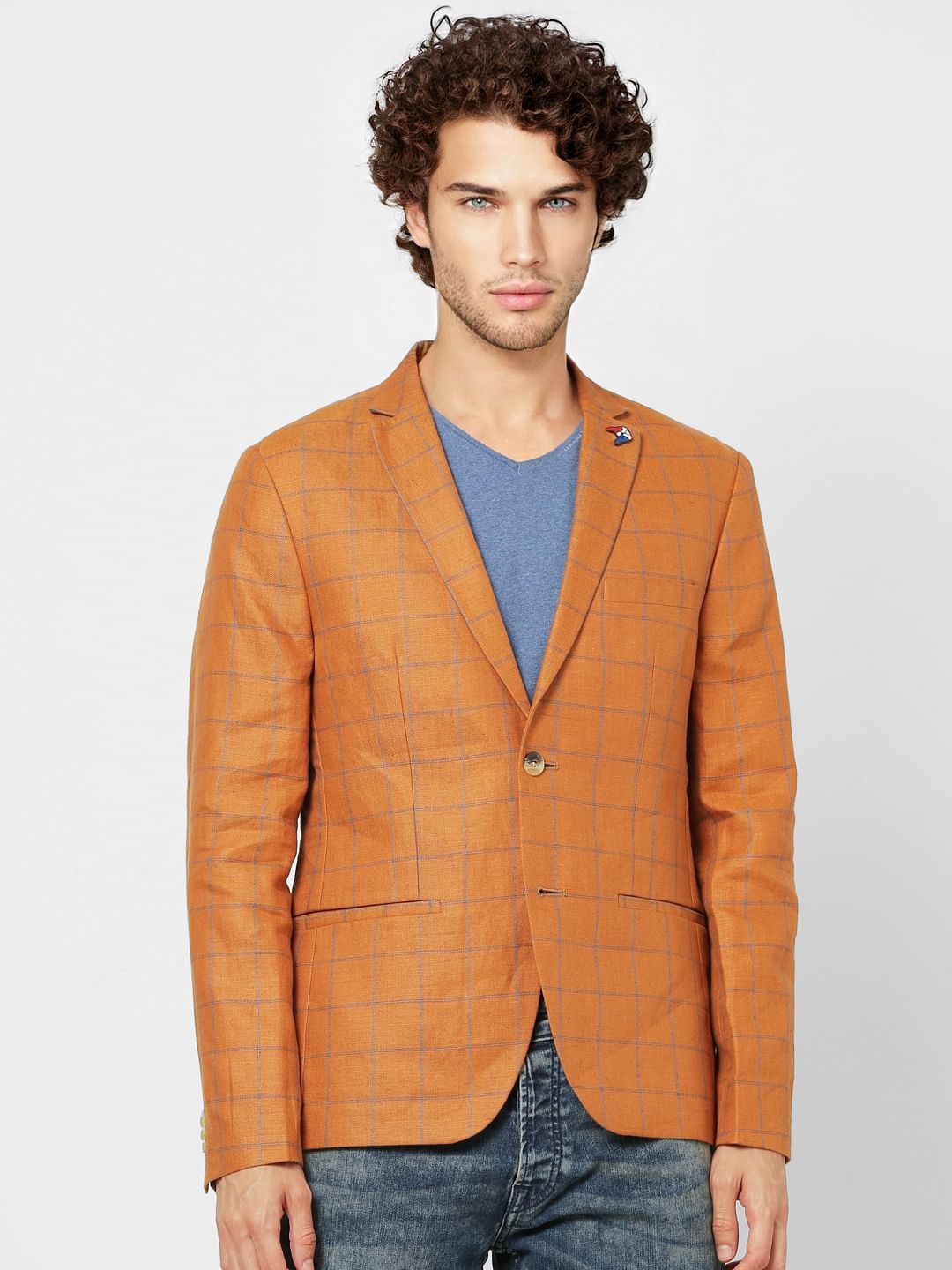 Orange Check Slim Fit Blazer Linen Blazer
