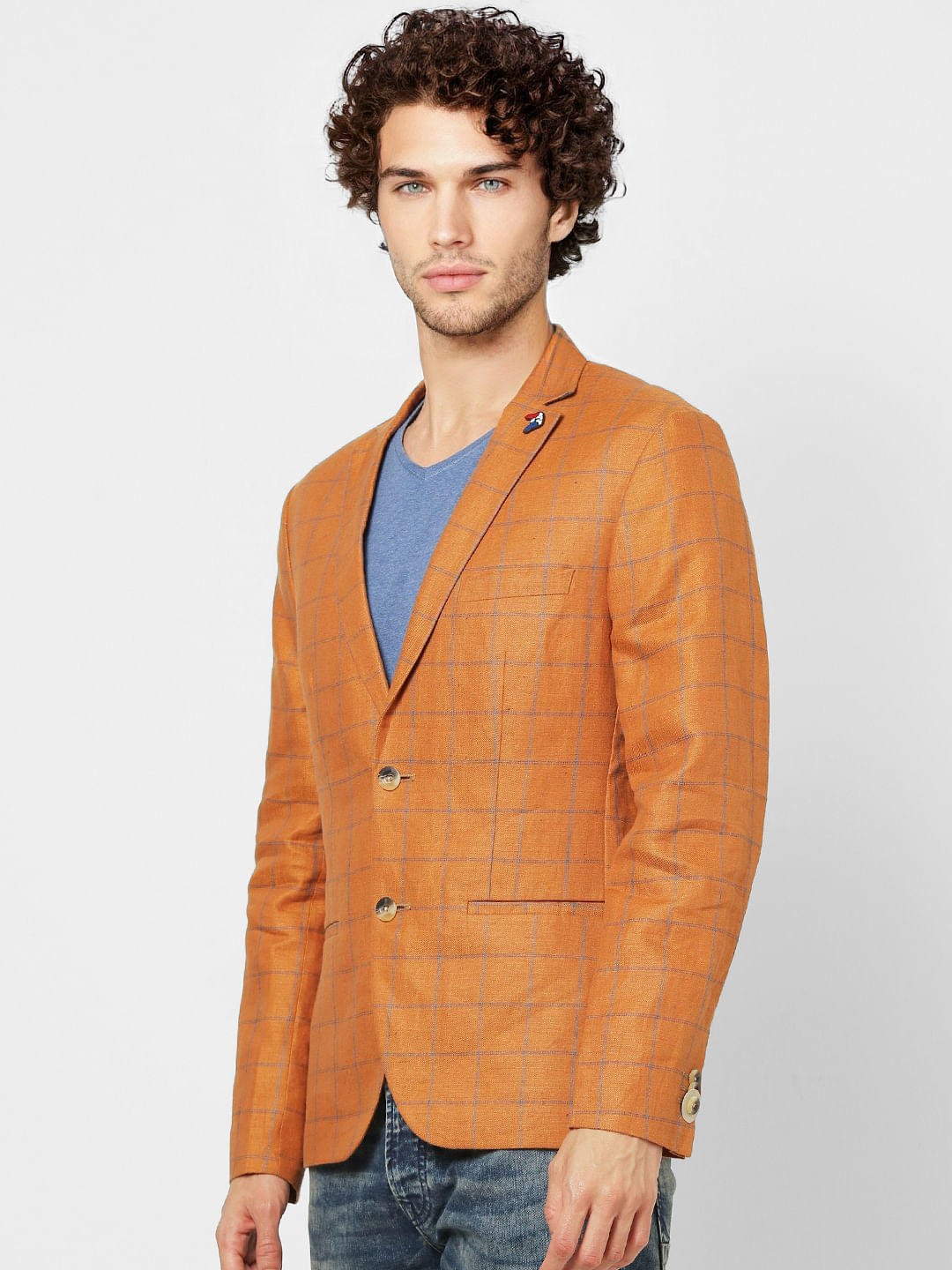 Orange Check Slim Fit Blazer Linen Blazer
