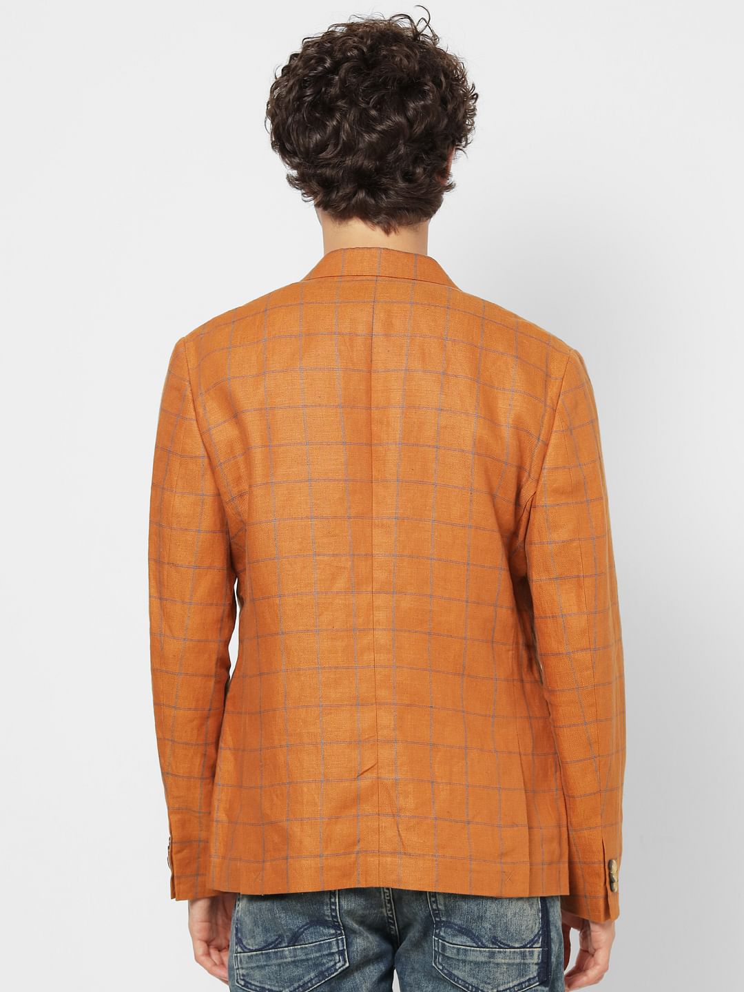 Orange Check Slim Fit Blazer Linen Blazer