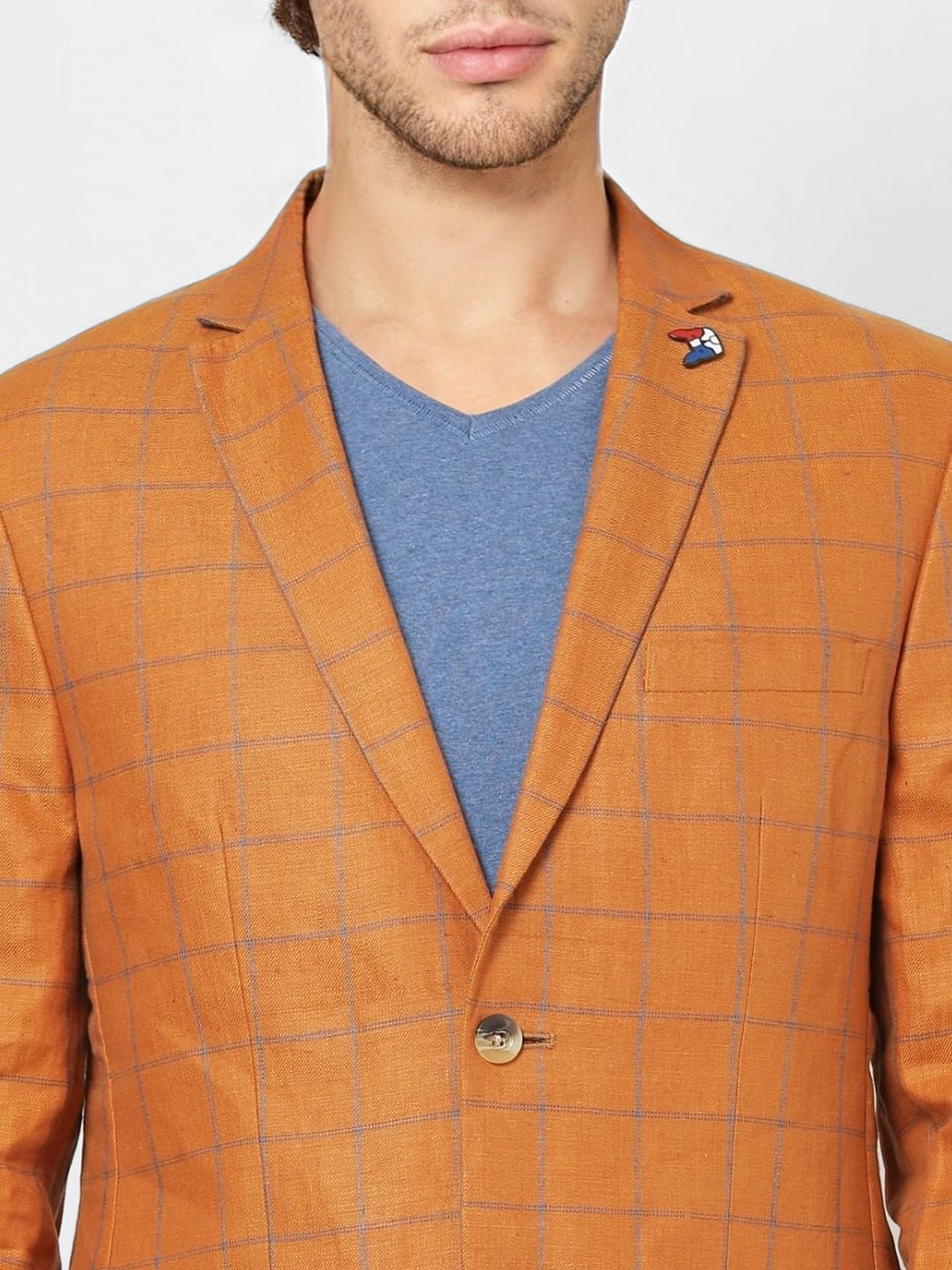 Orange Check Slim Fit Blazer Linen Blazer