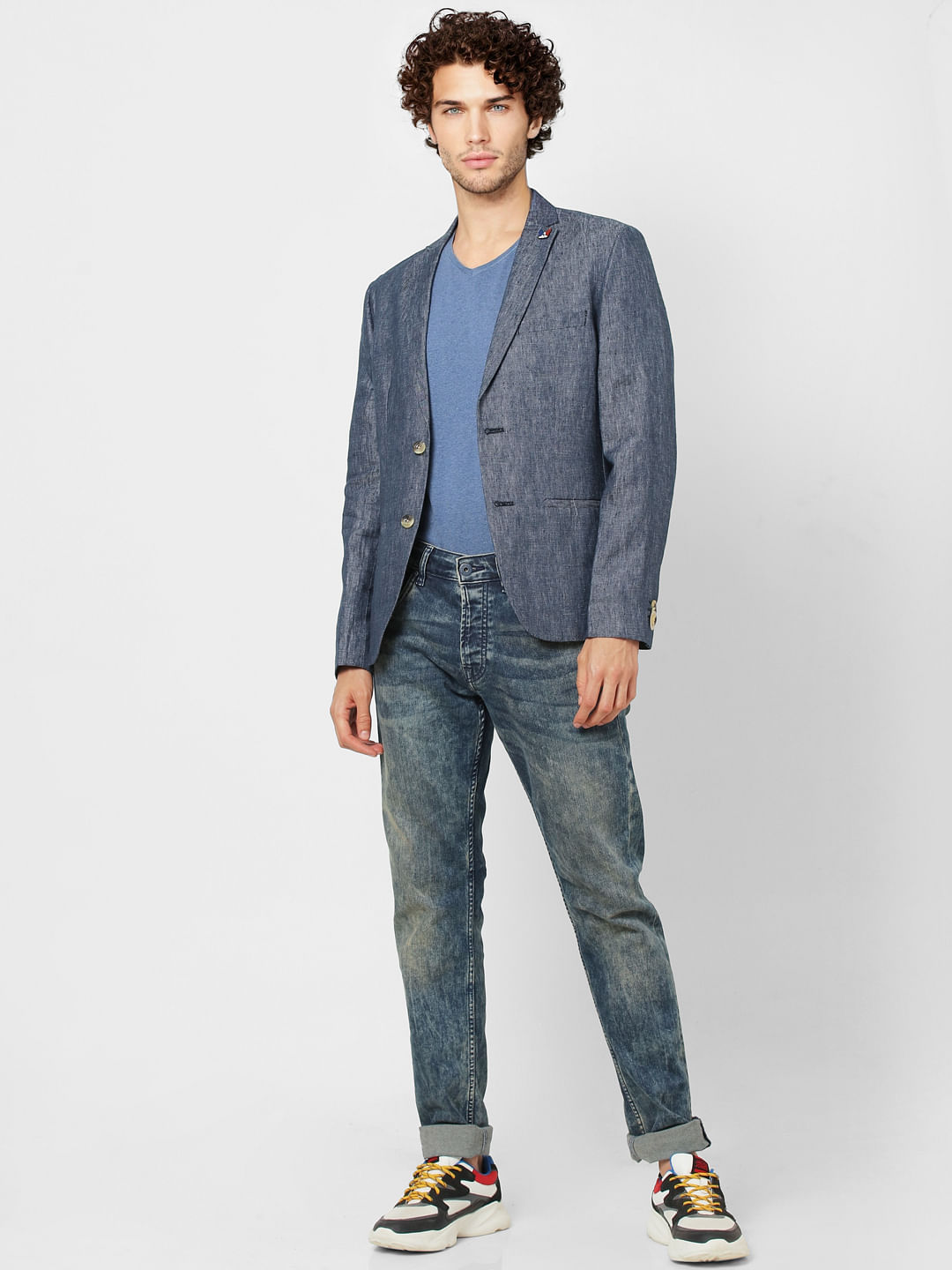 Blue Textured Slim Fit Linen Blazer - 46
