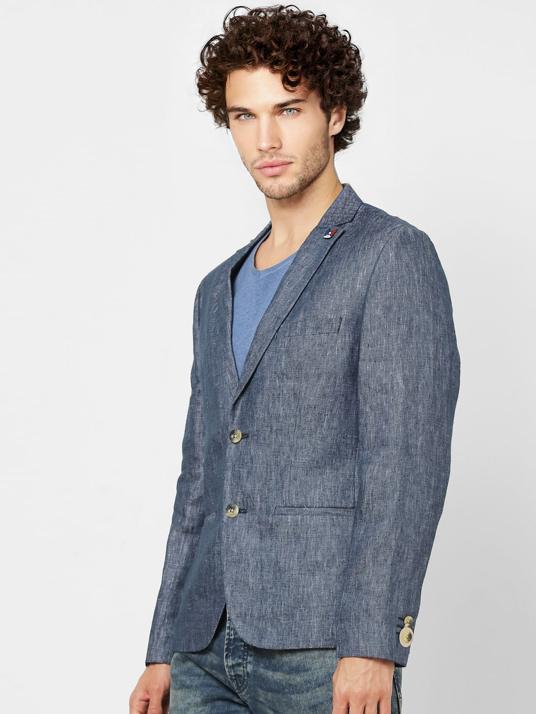 Blue Textured Slim Fit Linen Blazer
