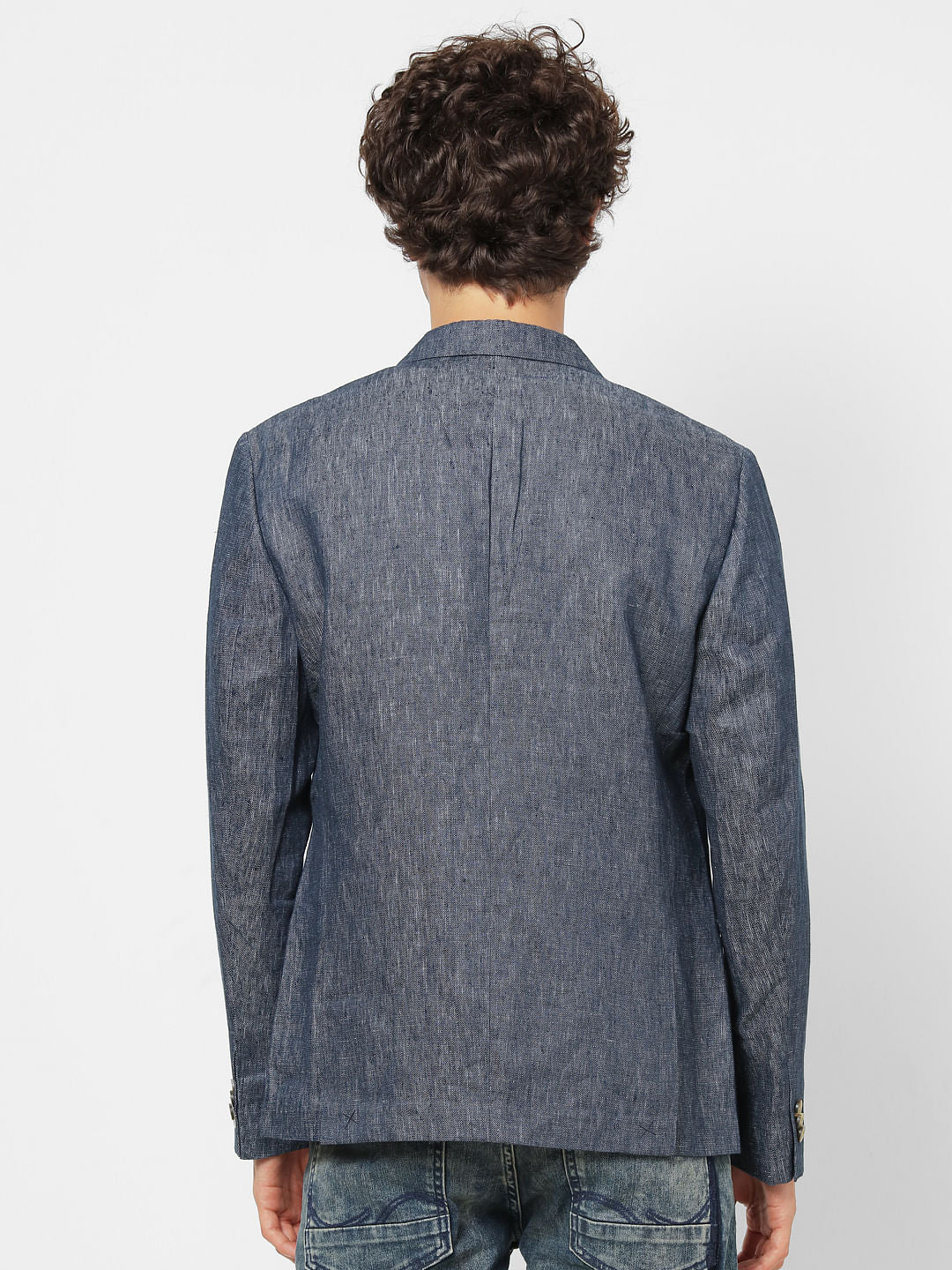 Blue Textured Slim Fit Linen Blazer