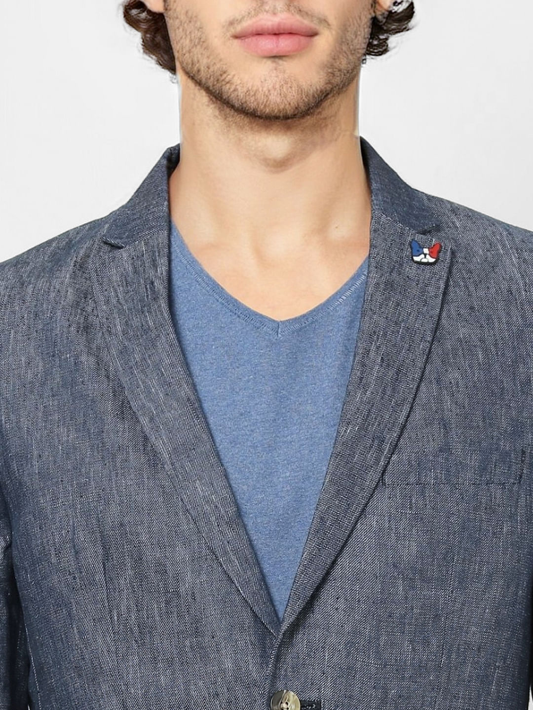 Blue Textured Slim Fit Linen Blazer