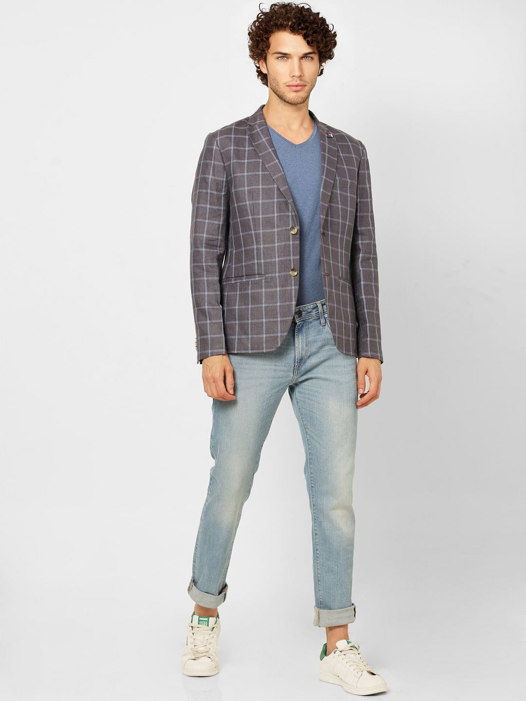 Grey Check Slim Fit Linen Blazer - 46