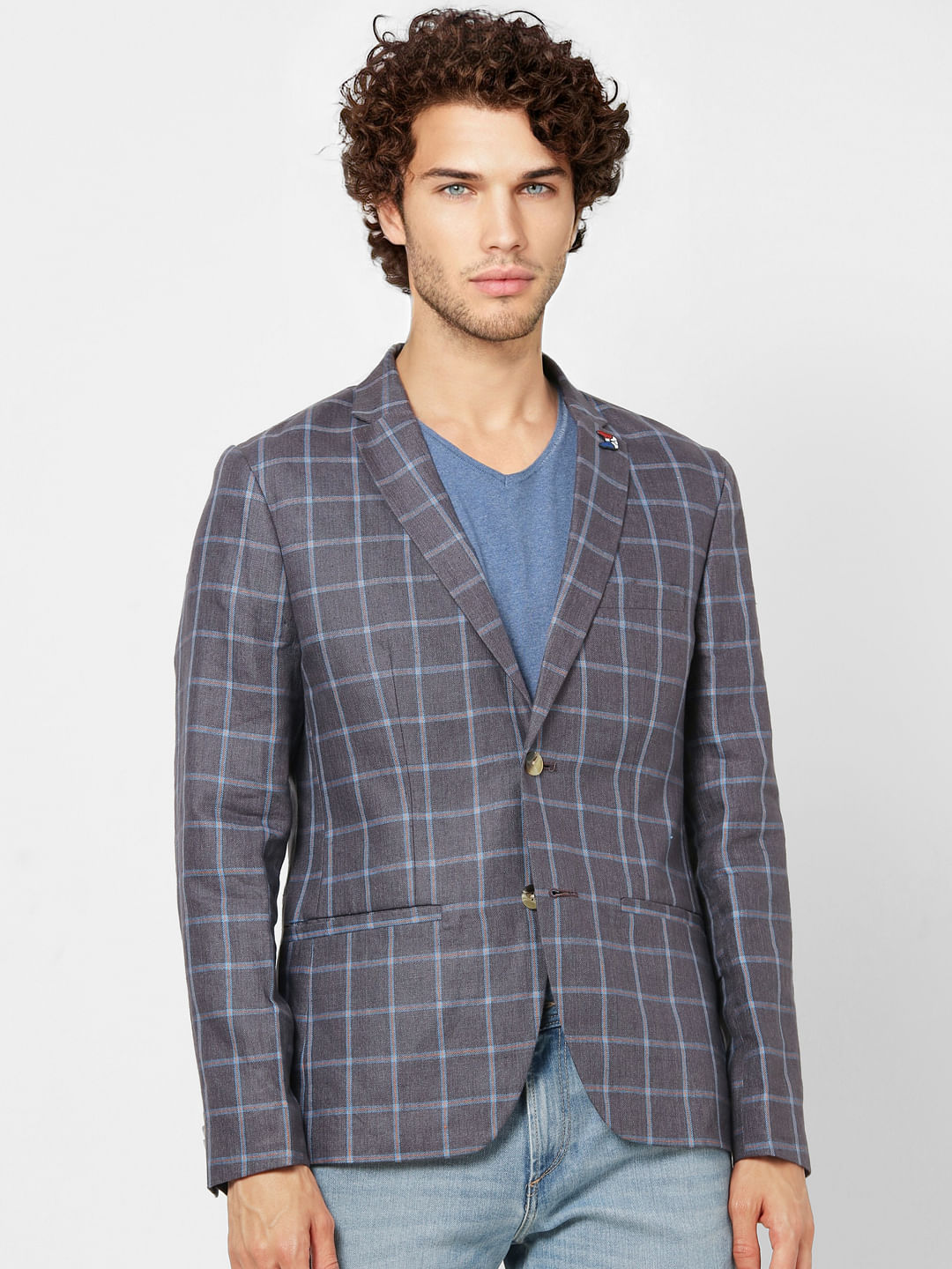 Grey Check Slim Fit Linen Blazer