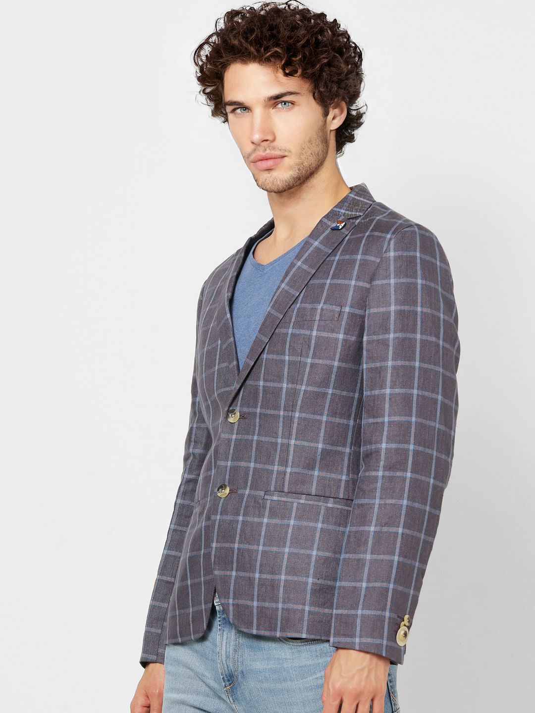 Grey Check Slim Fit Linen Blazer