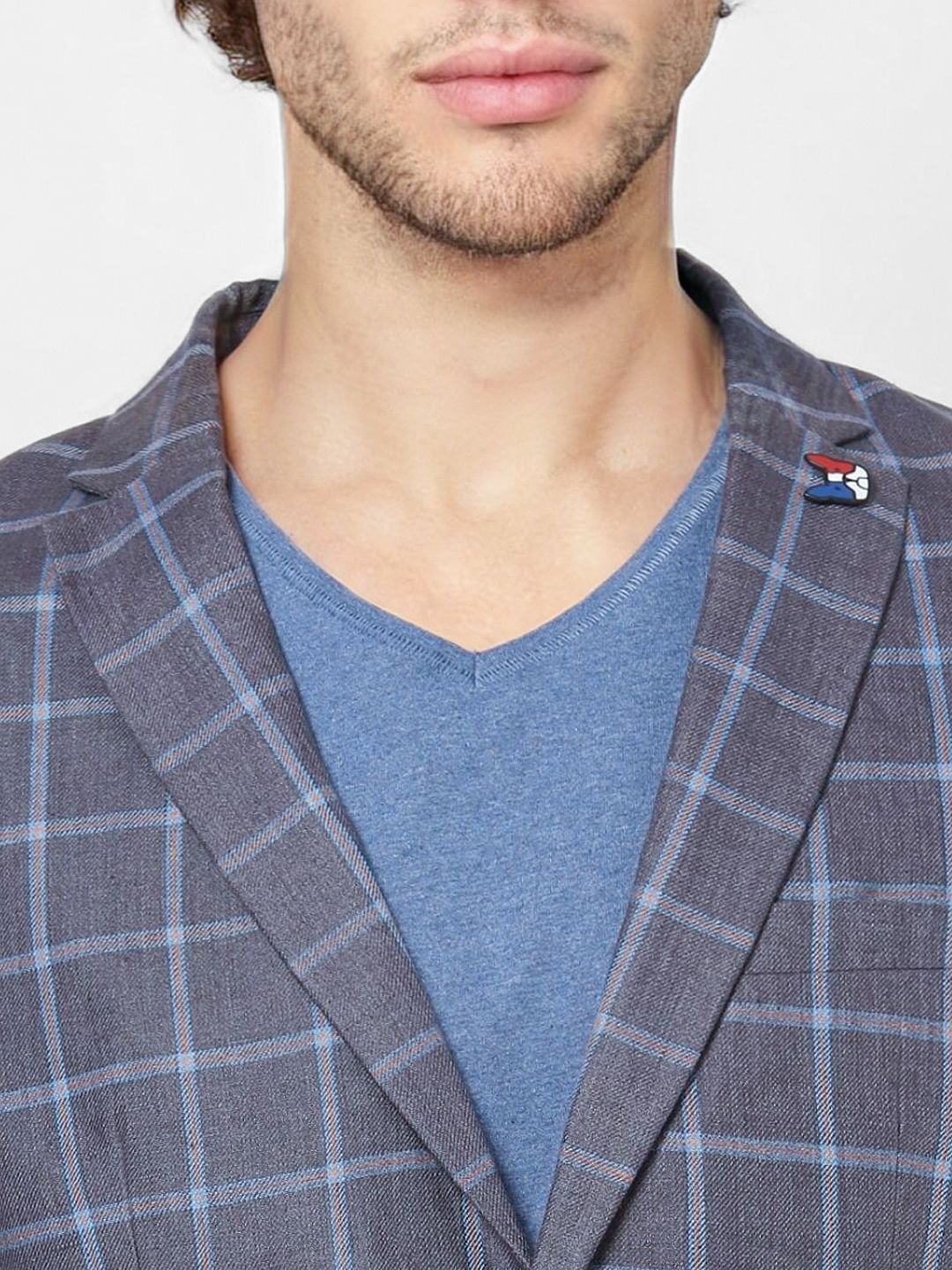 Grey Check Slim Fit Linen Blazer
