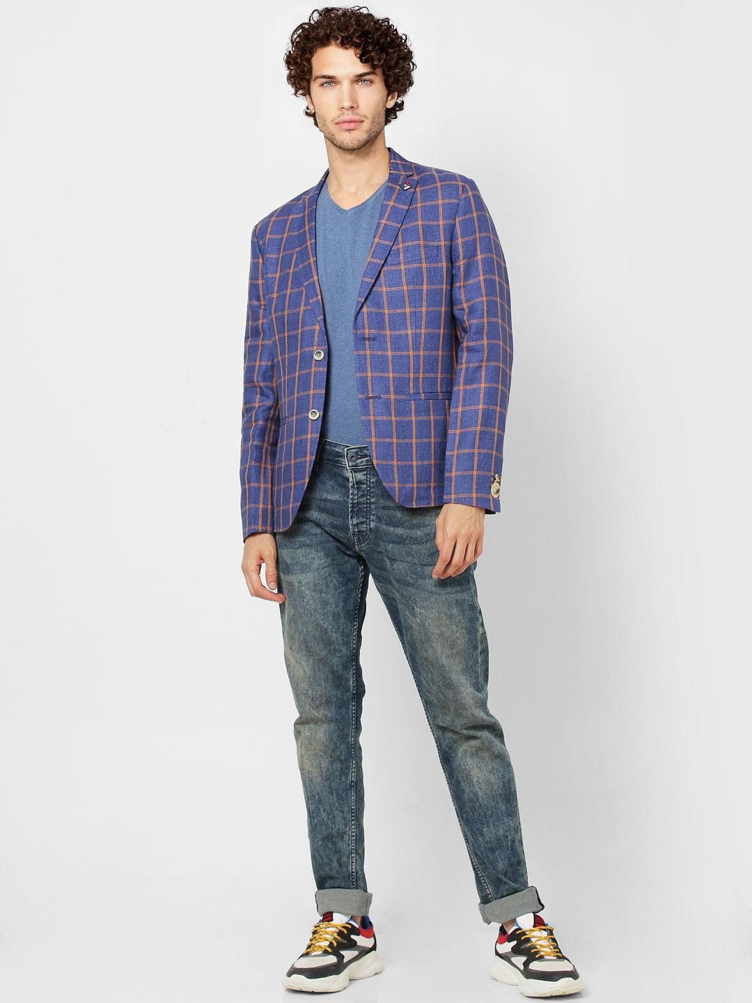 Blue Check Slim Fit Linen Blazer - 46