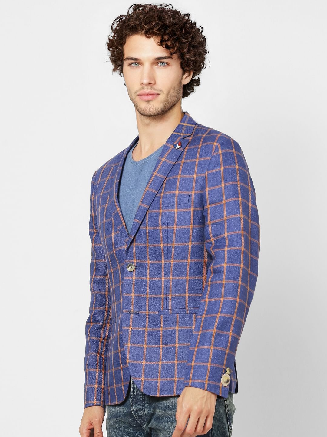 Blue Check Slim Fit Linen Blazer