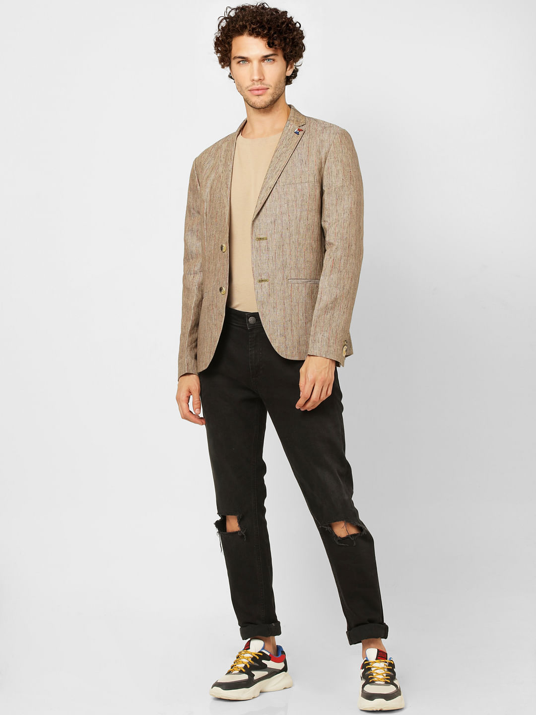 Beige Striped Slim Fit Linen Blazer - 46