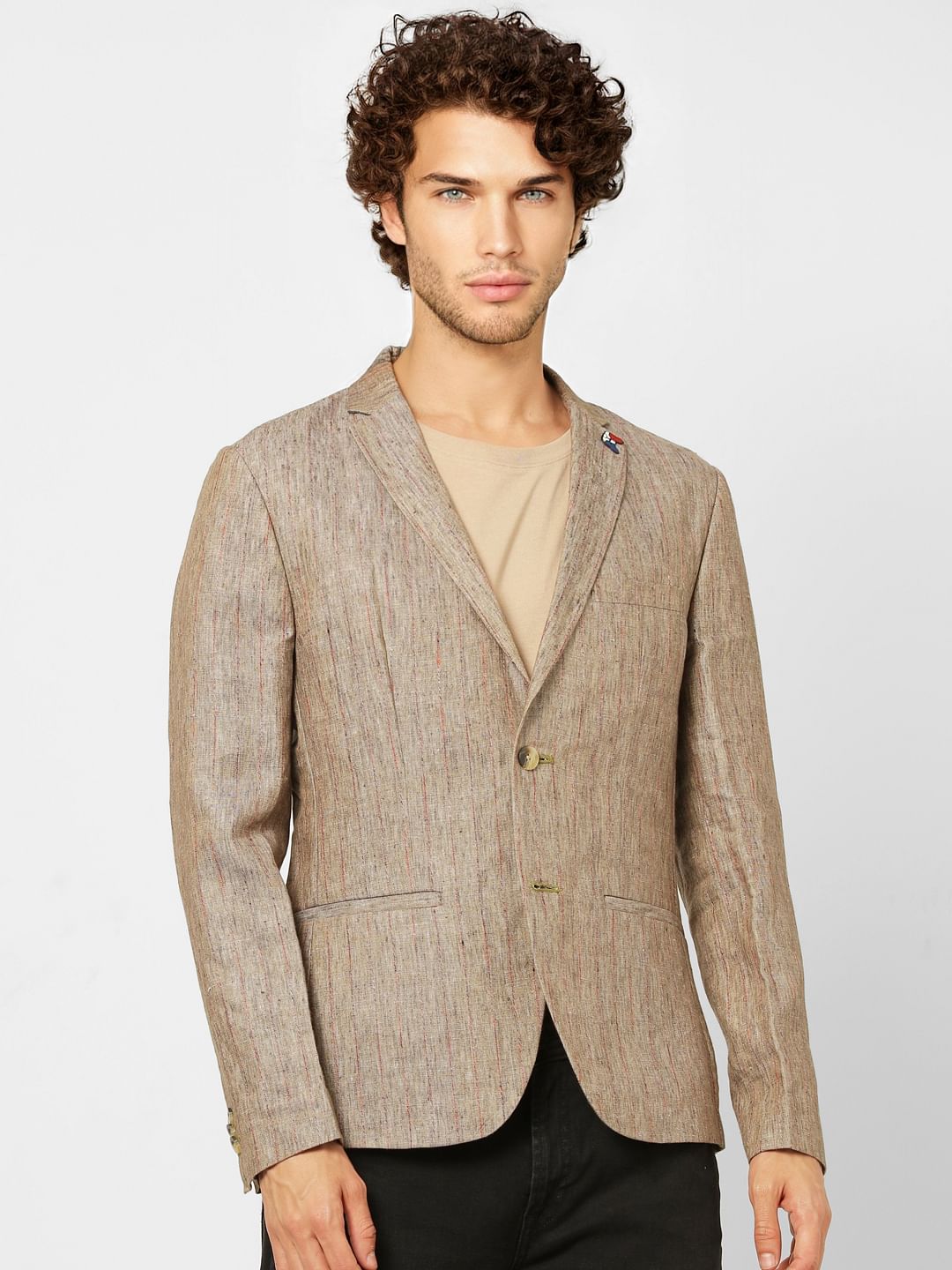 Beige Striped Slim Fit Linen Blazer