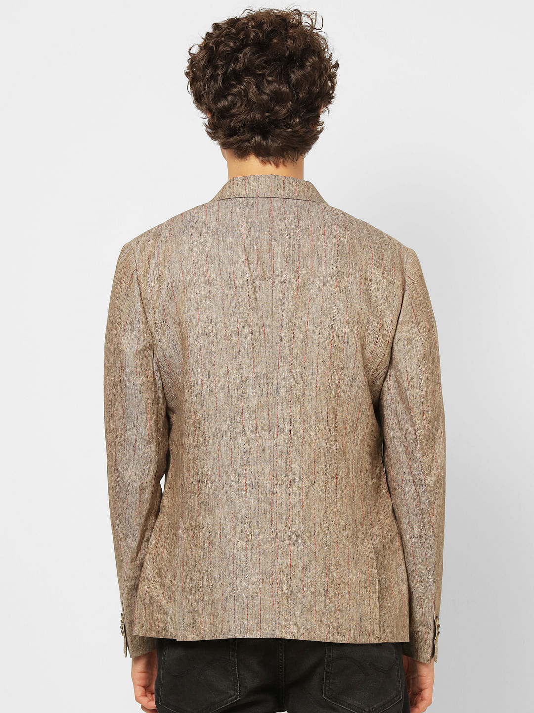 Beige Striped Slim Fit Linen Blazer