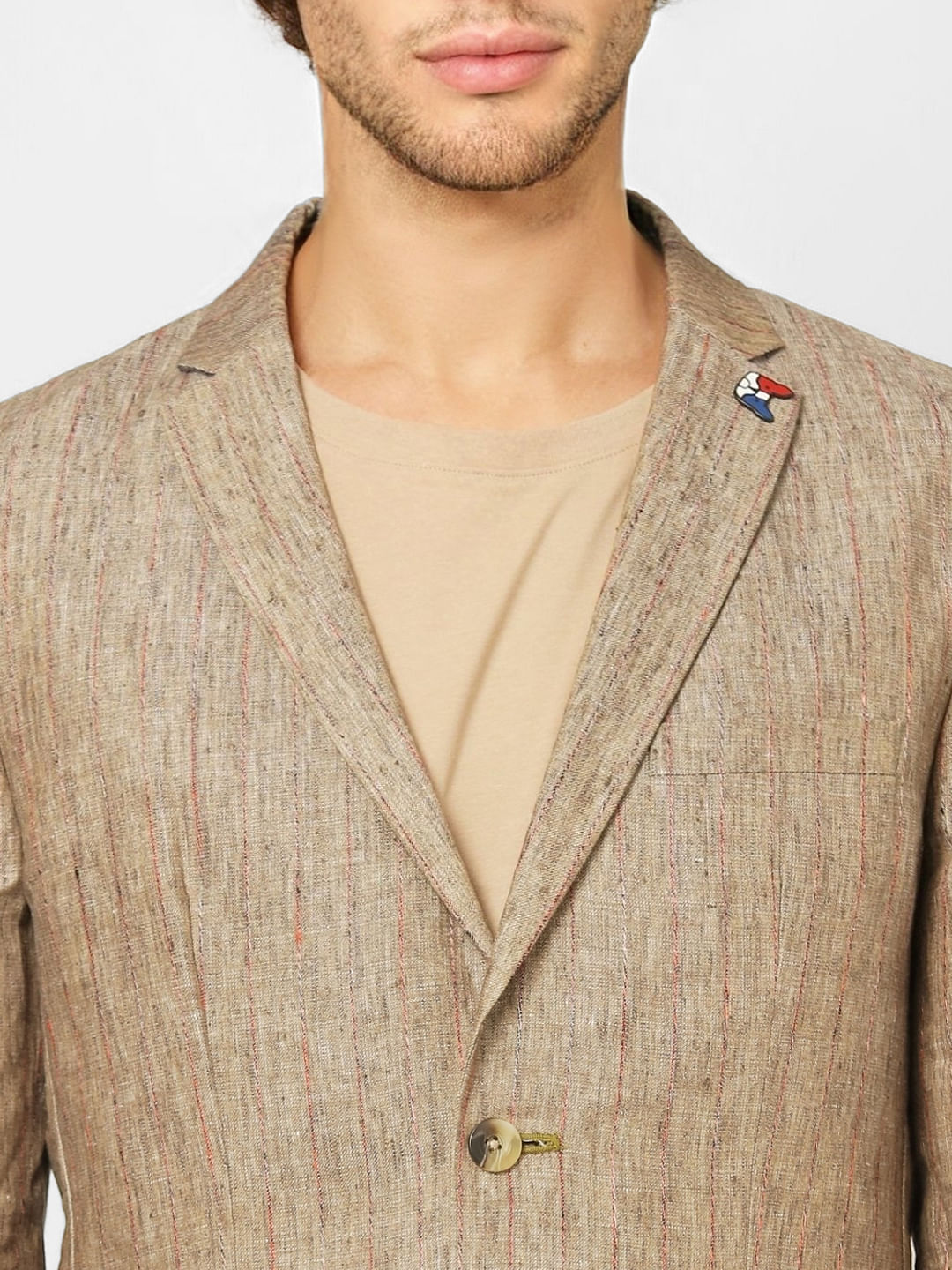 Beige Striped Slim Fit Linen Blazer