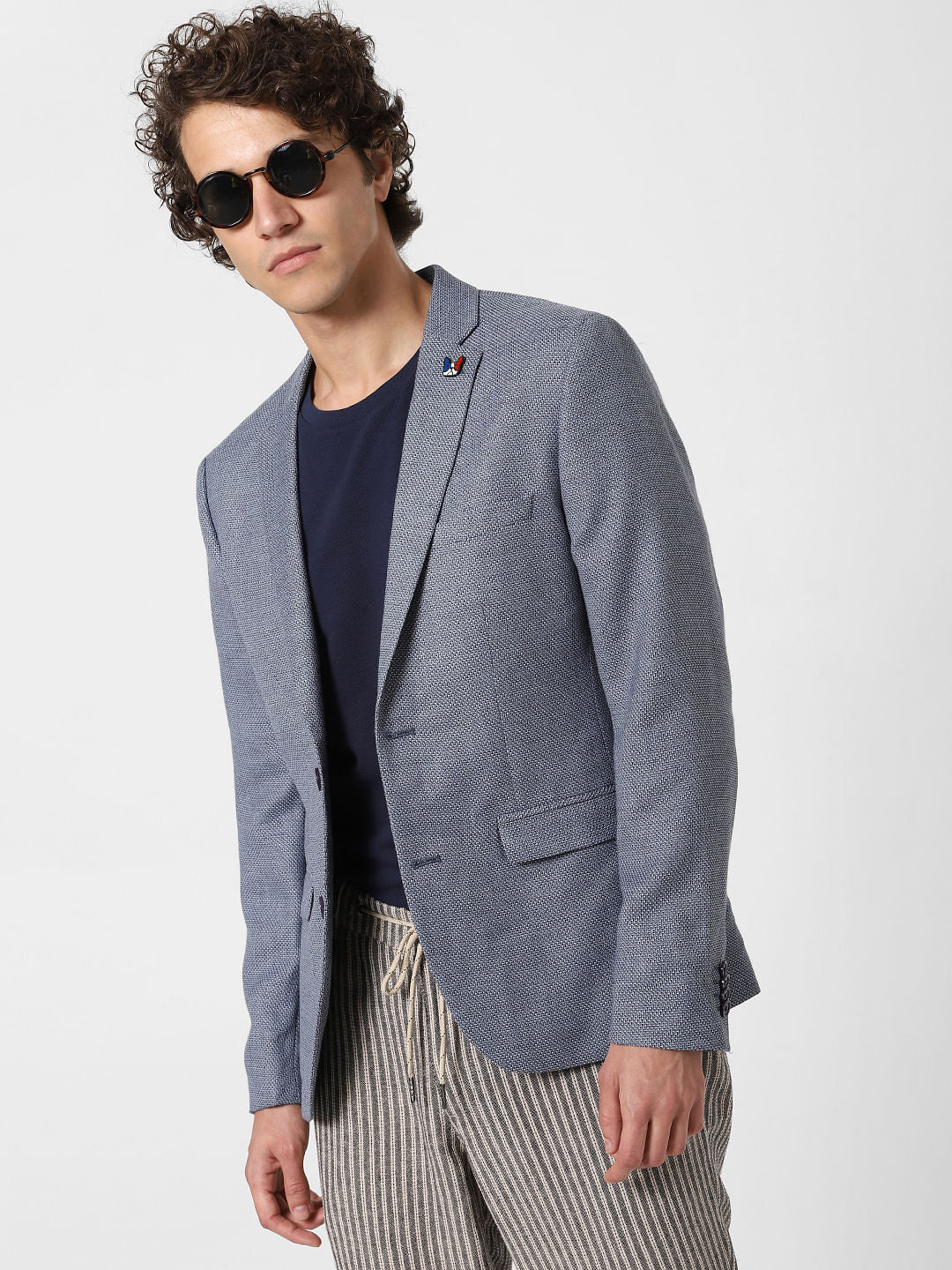 Blue Textured Linen Blazer - 46