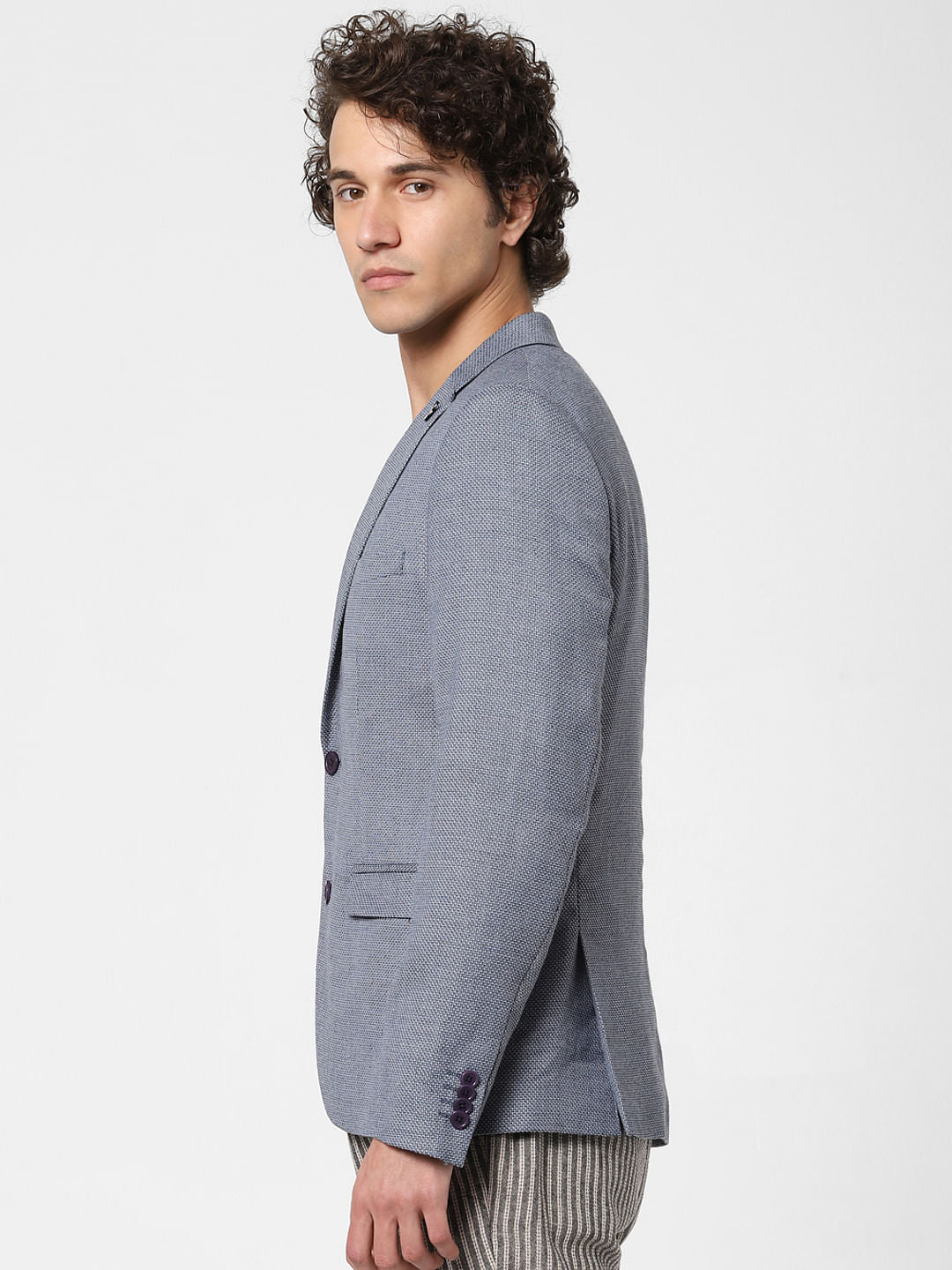 Blue Textured Linen Blazer