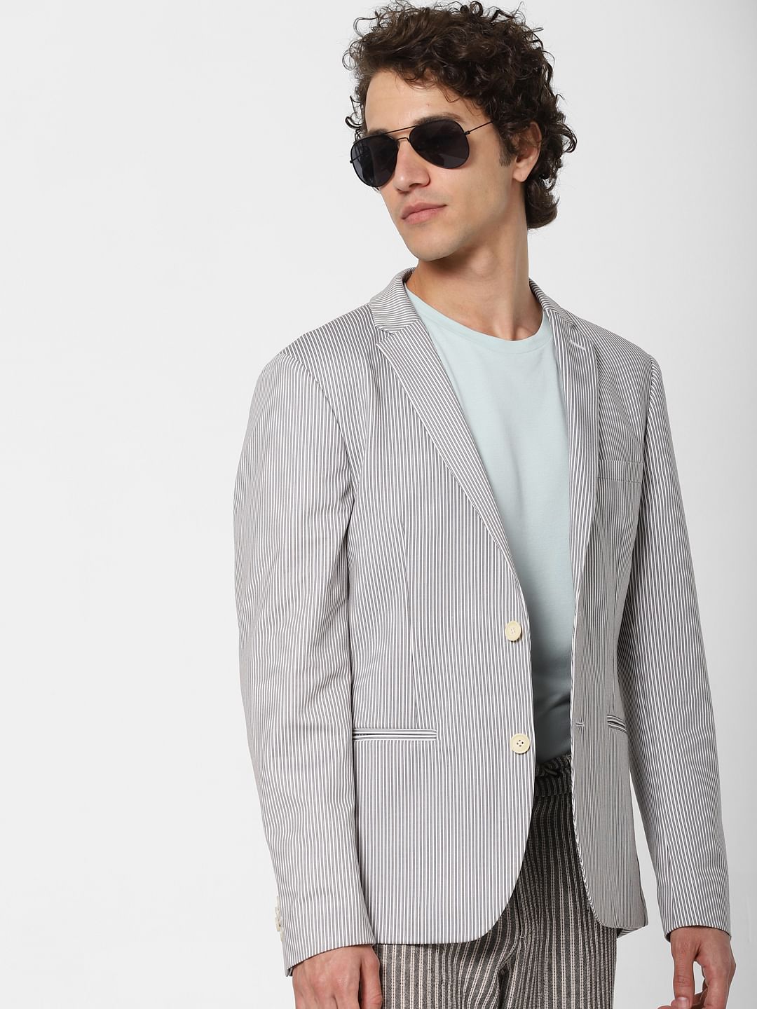 White Striped Linen Blazer - 46