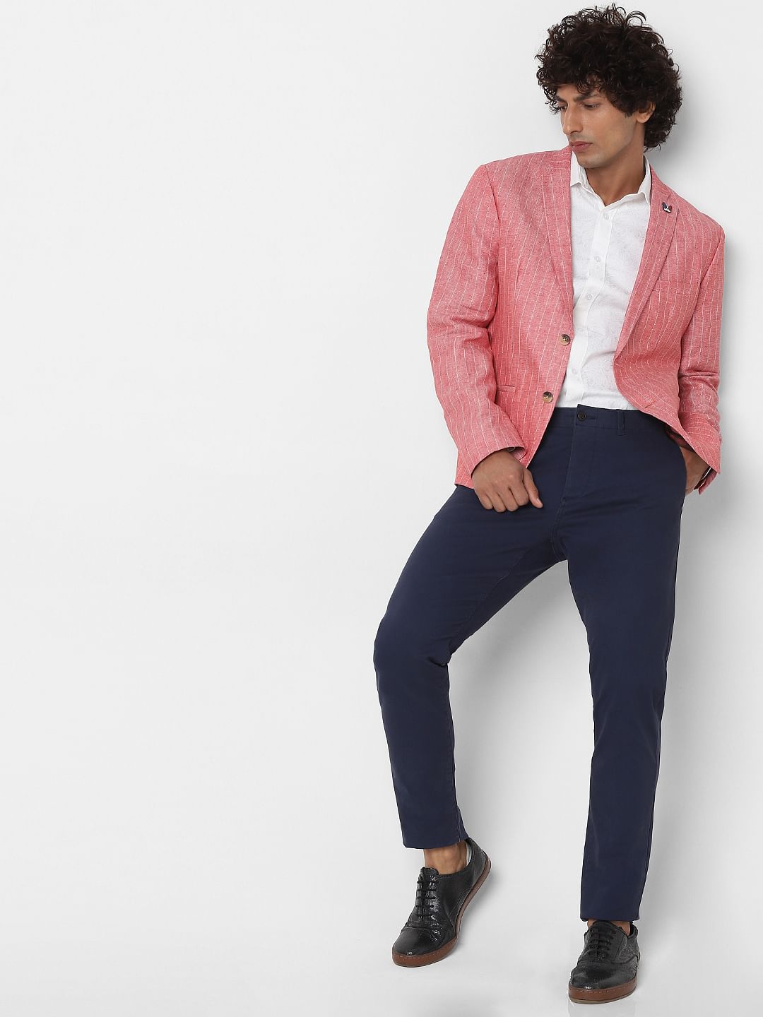 Crimson Striped Slim Fit Linen Blazer - 46