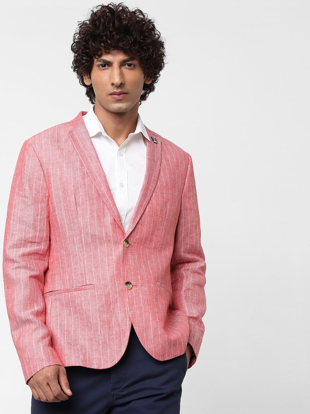 Crimson Striped Slim Fit Linen Blazer