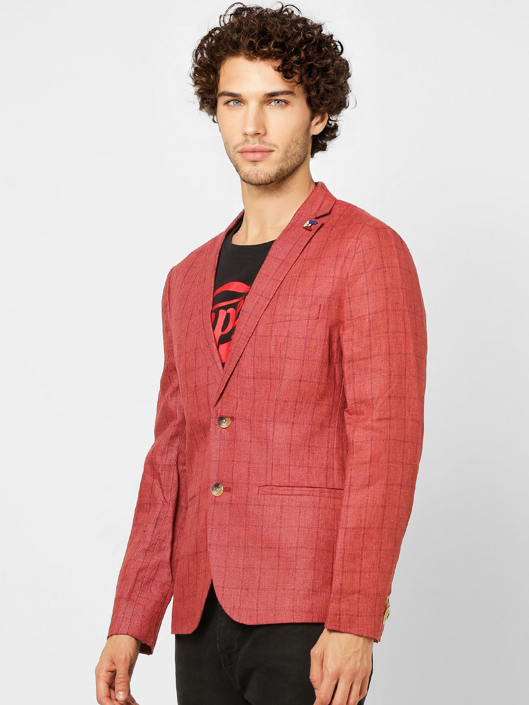 Crimson Check Linen Slim Fit Blazer
