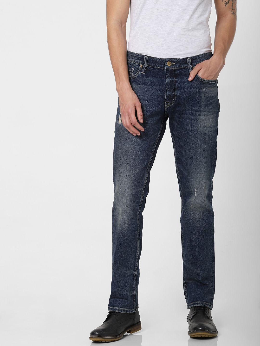 Blue Mid Rise Washed Clark Regular Fit Jeans