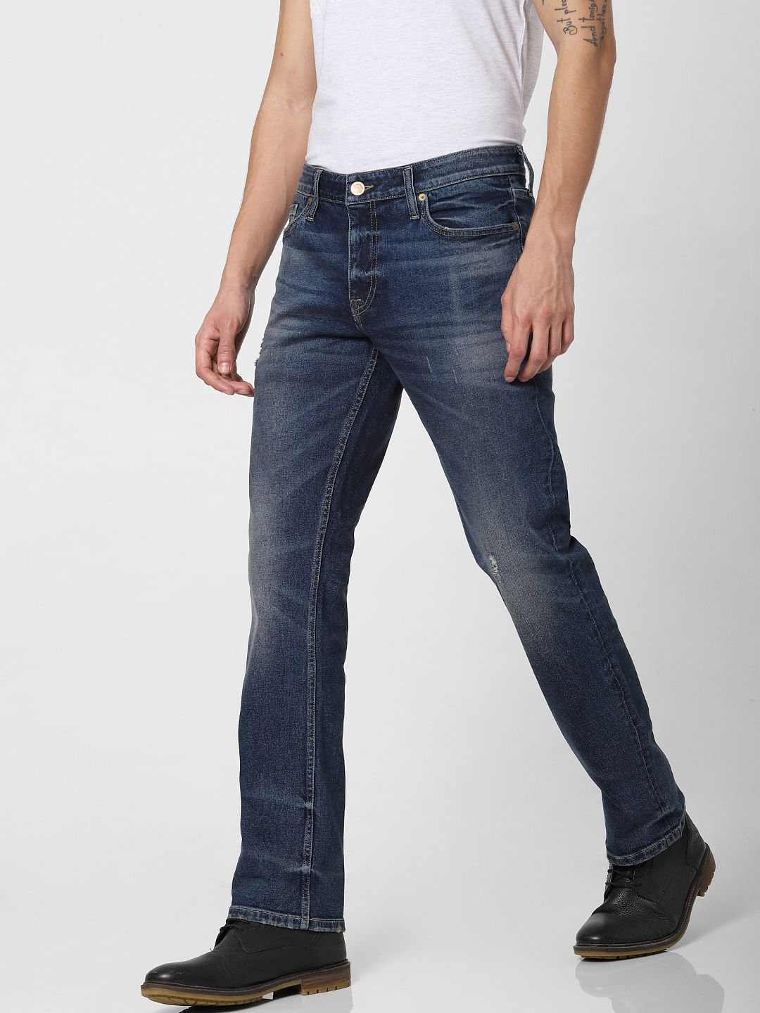 Blue Mid Rise Washed Clark Regular Fit Jeans