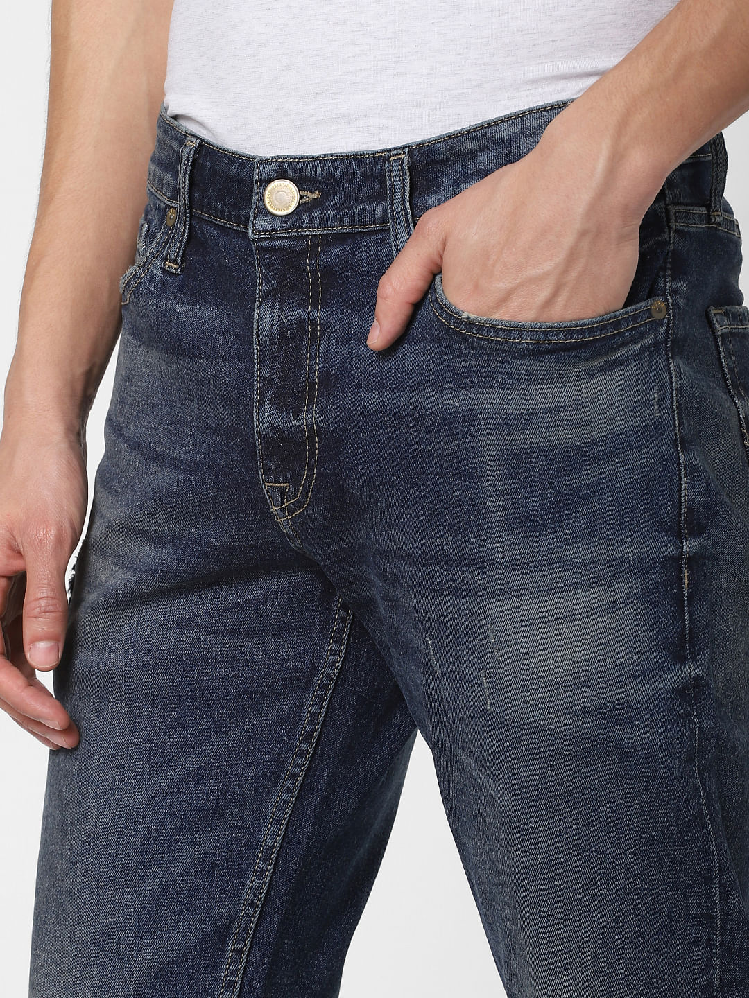Blue Mid Rise Washed Clark Regular Fit Jeans