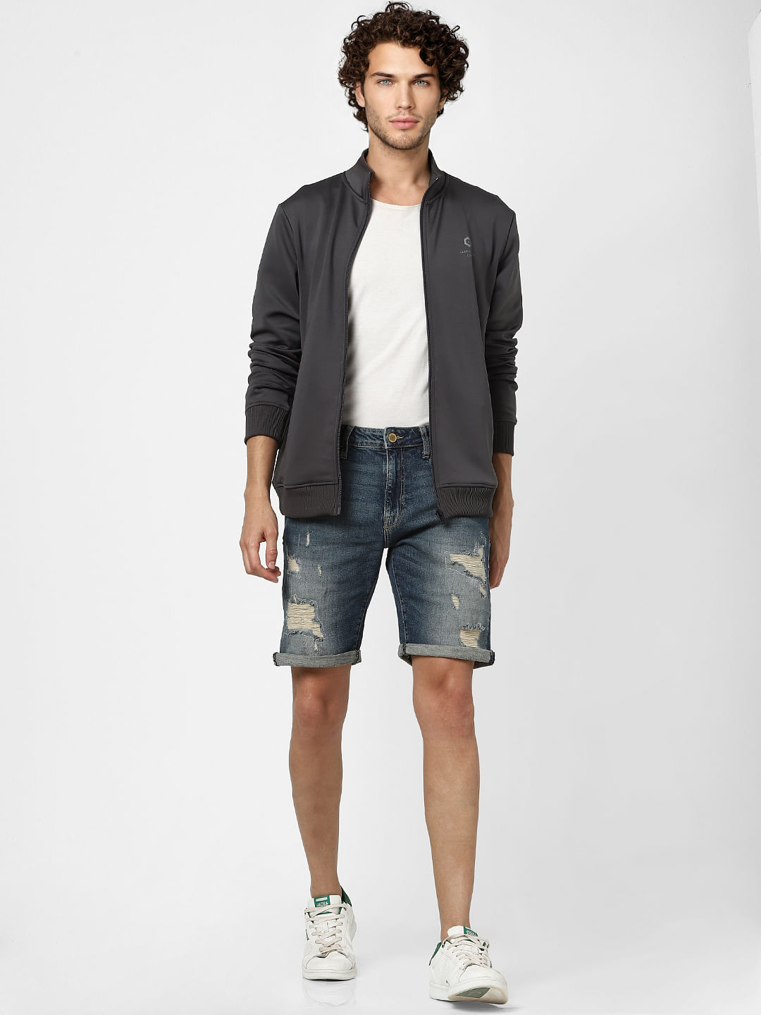 Dark Blue Mid Rise Distressed Denim Shorts - S