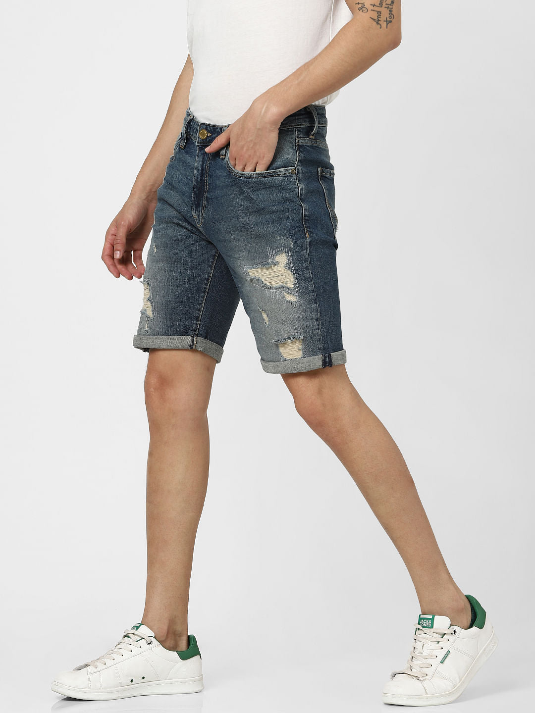 Dark Blue Mid Rise Distressed Denim Shorts