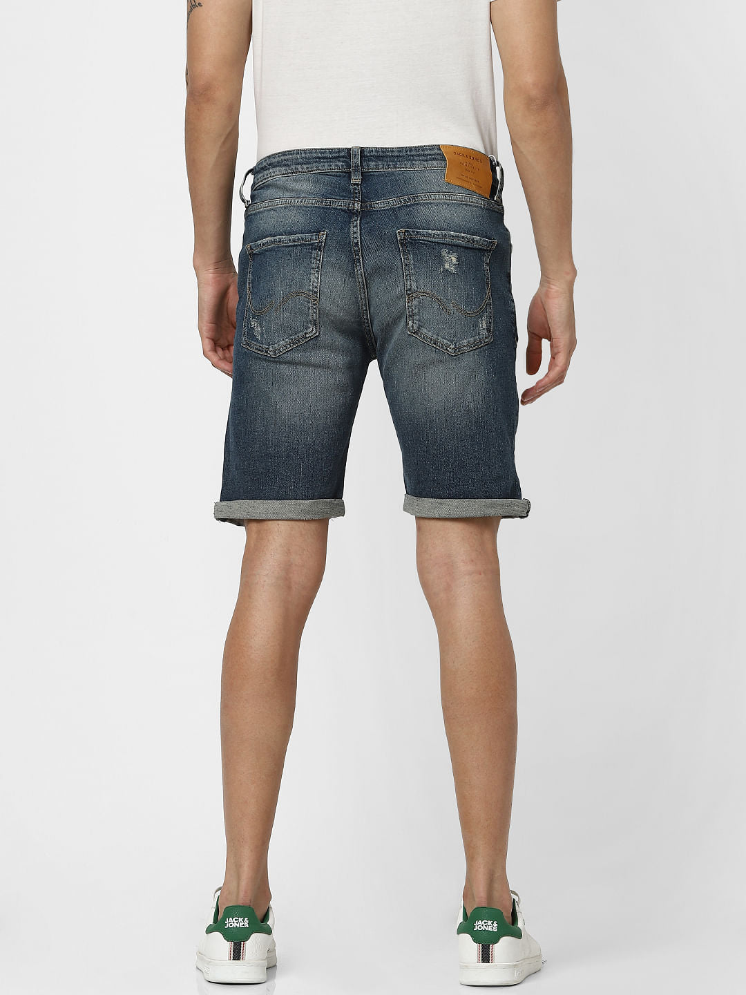 Dark Blue Mid Rise Distressed Denim Shorts
