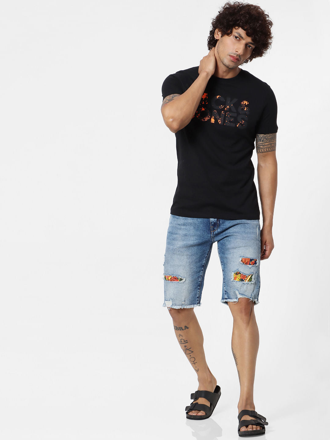 Blue Mid Rise Ripped Denim Shorts - S