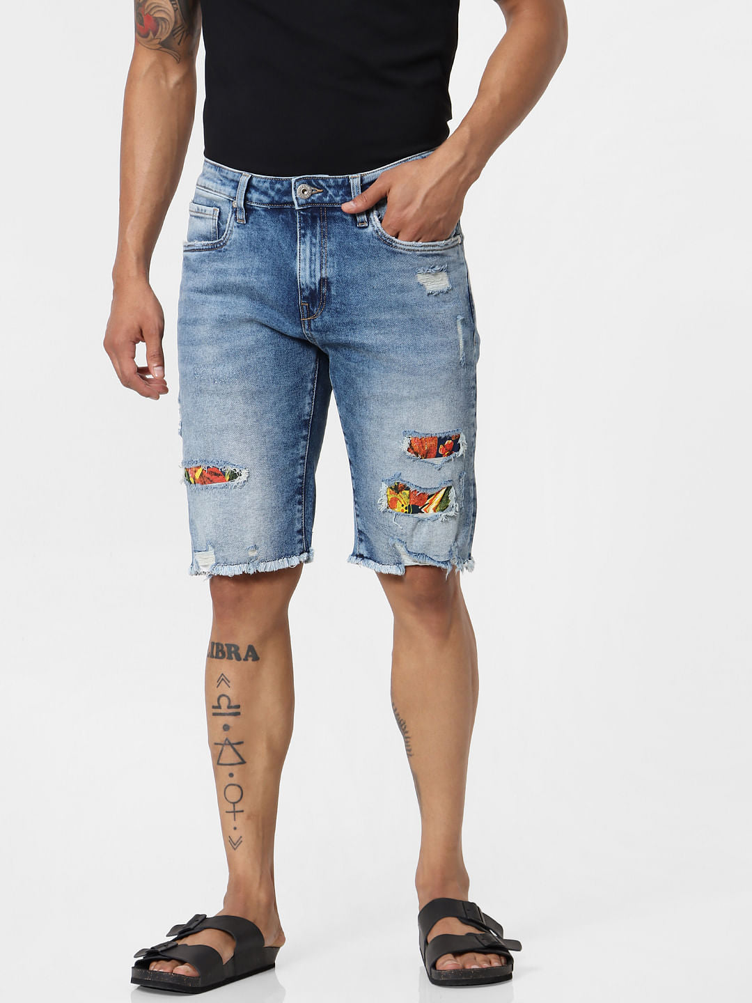 Blue Mid Rise Ripped Denim Shorts