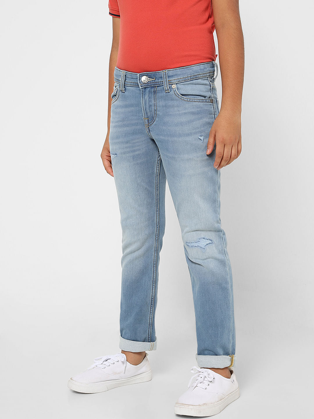 Blue Low Rise Distressed Regular Fit Jeans