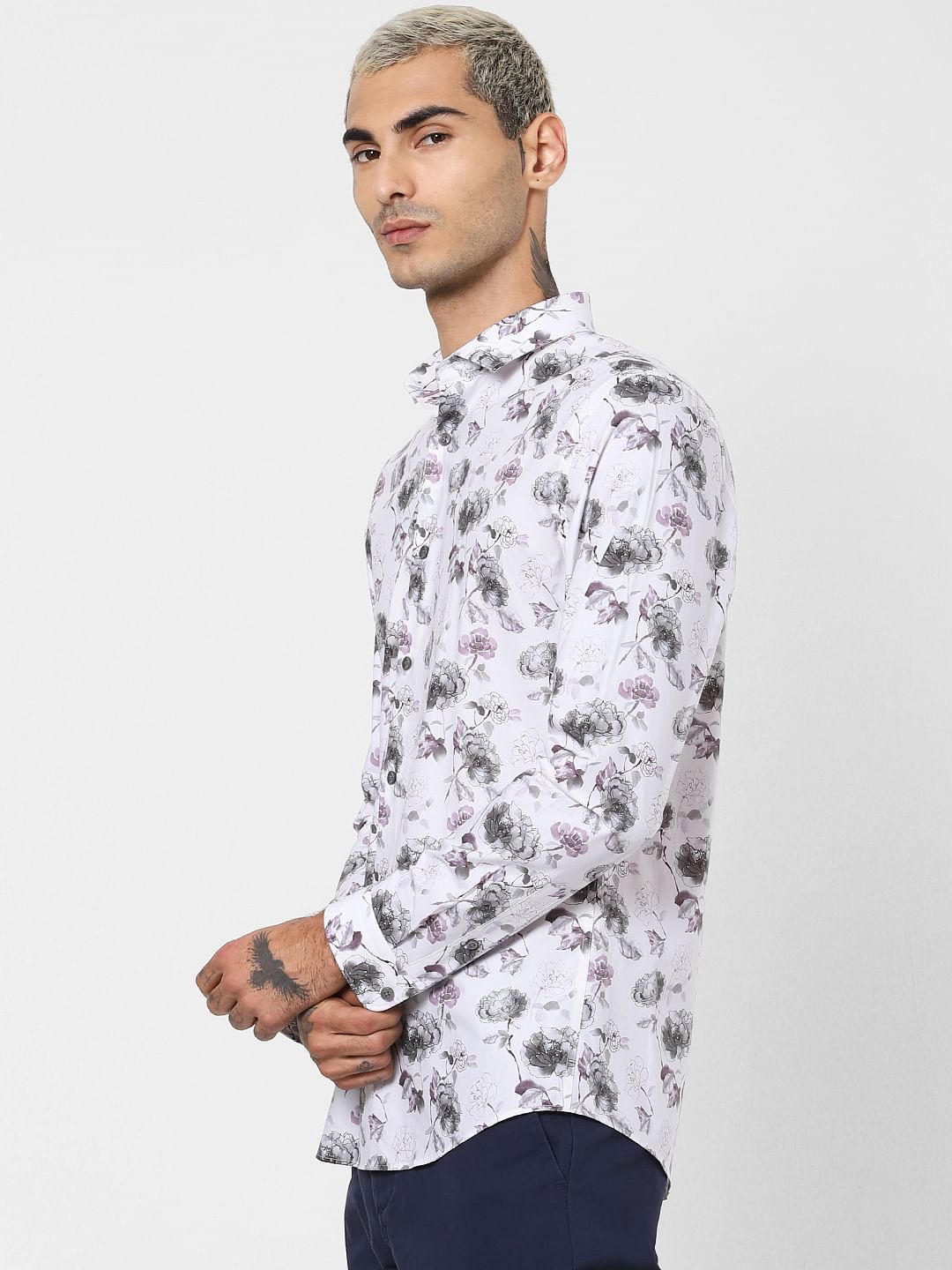 White Floral Print Full Sleeves Shirt